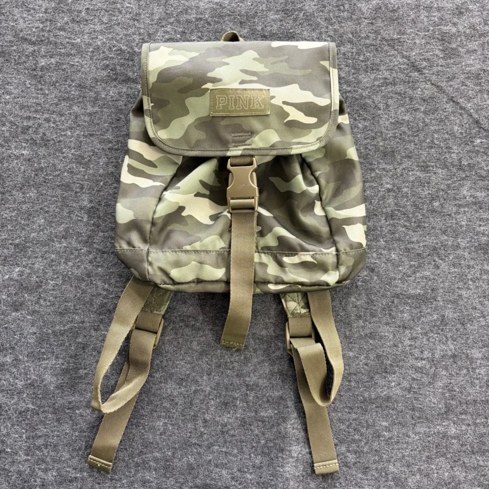 Victorias Secret PINK Mini Backpack Camo Green Canvas Buckle Flap Drawstring Bag - Picture 1 of 7